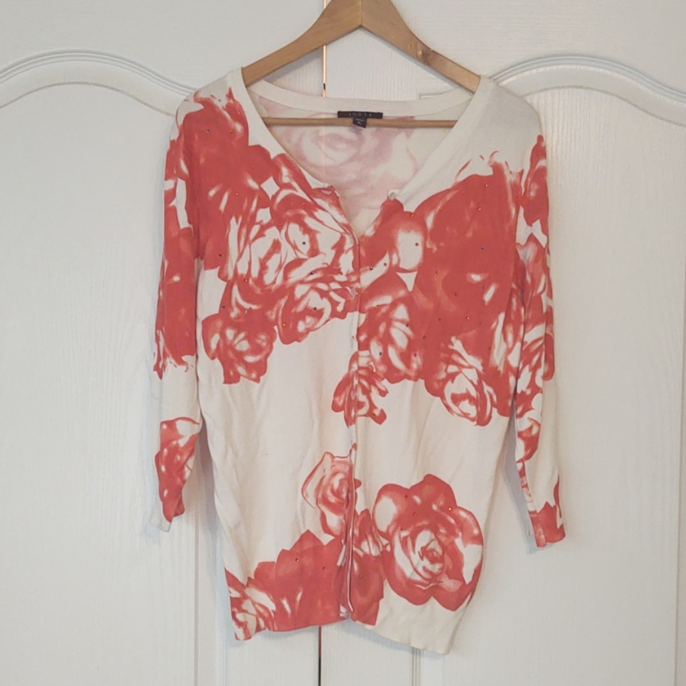 White with orange flower button down sweater